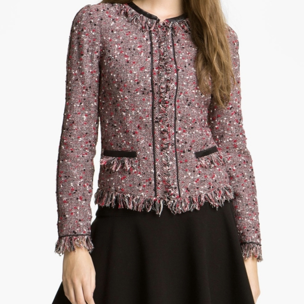Anthropologie Red Bijou Fringe Tweed Blazer by McGinn